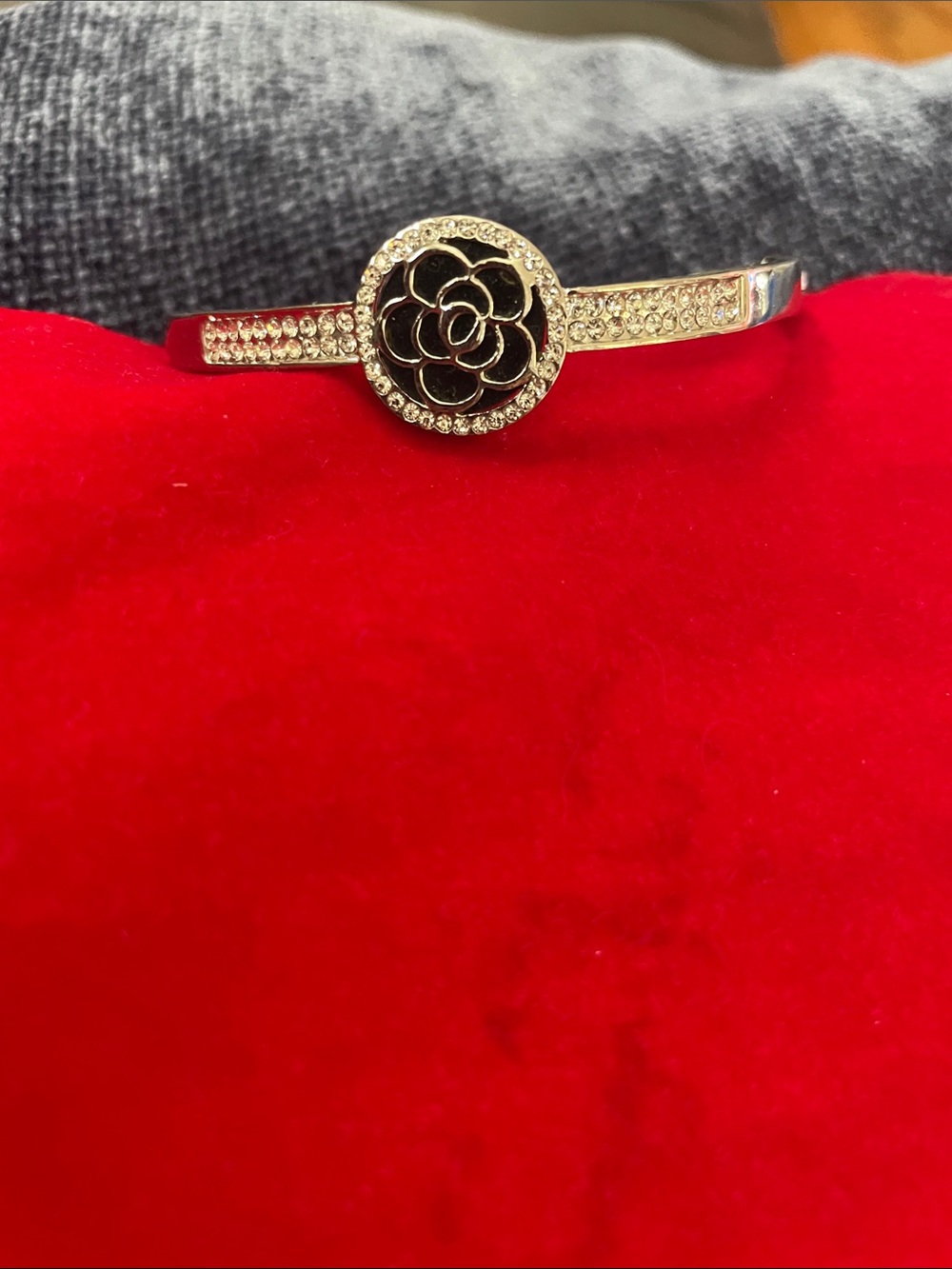 Silver-Tone Black Enamel Floral Bangle Bracelet